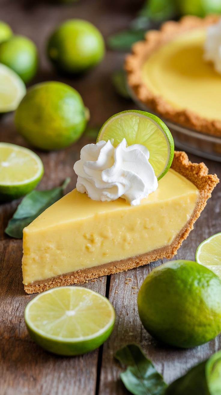 A slice of creamy Key Lime Pie with whipped cream and lime, on a wooden table.